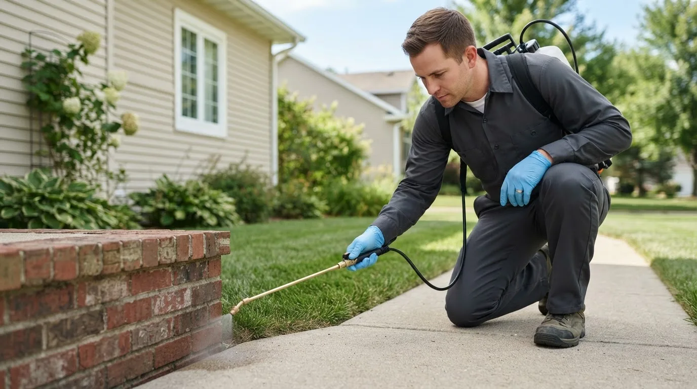 Pest control technician treating a home near Blanchard, LA